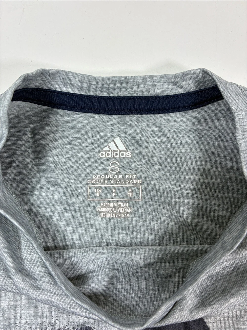 Adidas Heather Grey Tee with Dark Navy Logo - Kids Short Sleeve, size S